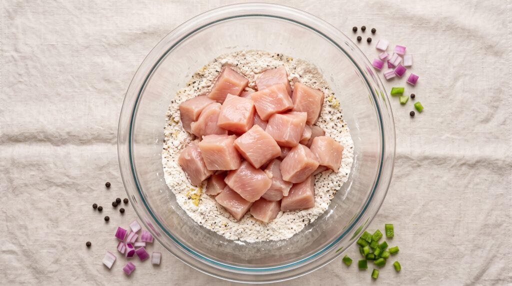 Chicken cubes in mixing bowl 202607271134