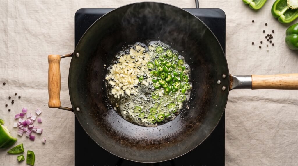 Wok cooking garlic chilies 2K 202607271153