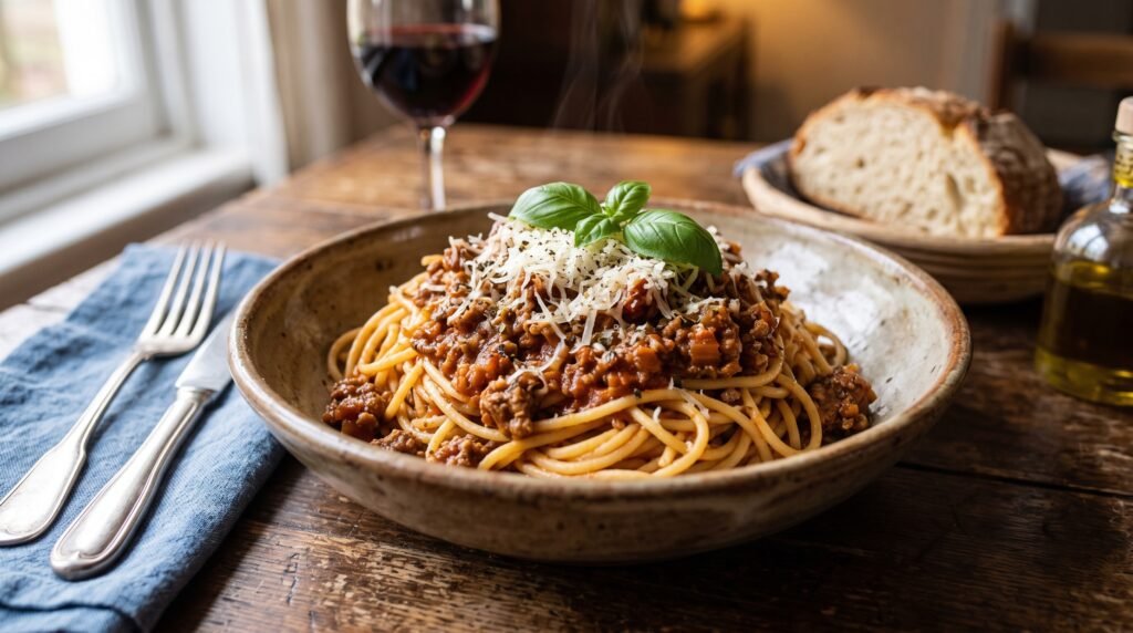 A rustic bowl of spaghetti bolognese topped with grated parmesan and fresh basil, with red wine, bread and olive oil on a wooden table