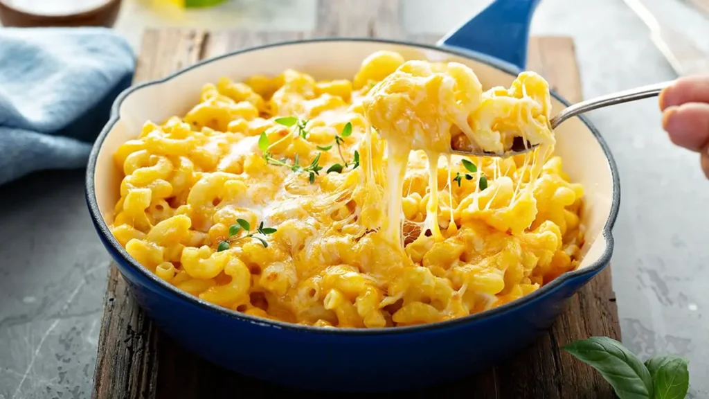 Creamy macaroni and cheese in a blue skillet, with a spoon lifting a portion of melted cheese, garnished with fresh herbs, one of these dinner recipes for fussy eaters