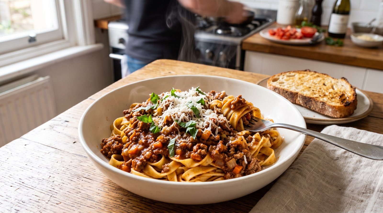 Classic pasta bolognese recipes: a bowl of tagliatelle pasta with rich bolognese meat sauce, topped with grated parmesan and fresh basil, served with toasted bread