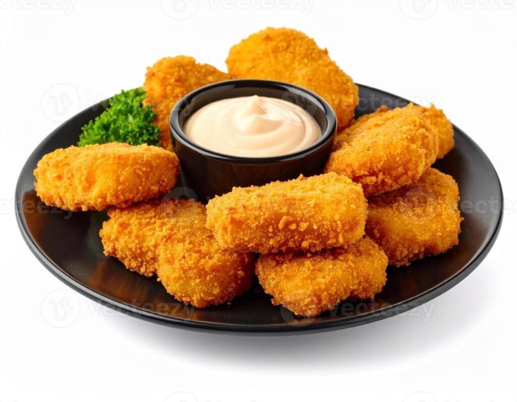 Crispy golden chicken nuggets on a black plate with a bowl of creamy dipping sauce and parsley garnish