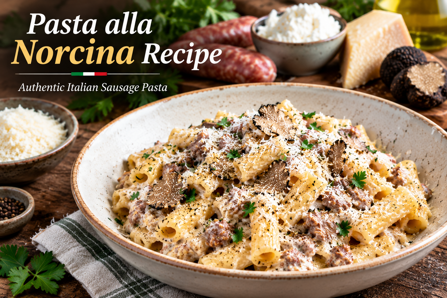 A bowl of creamy Italian sausage pasta alla Norcina topped with shaved black truffle and grated cheese