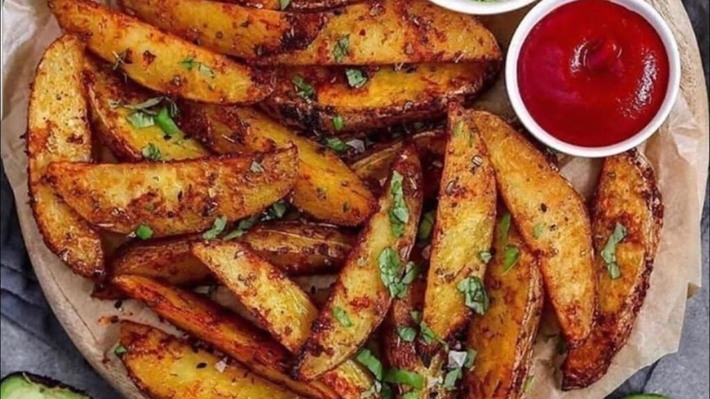 Crispy seasoned potato wedges with herbs, served with a bowl of ketchup on parchment paper