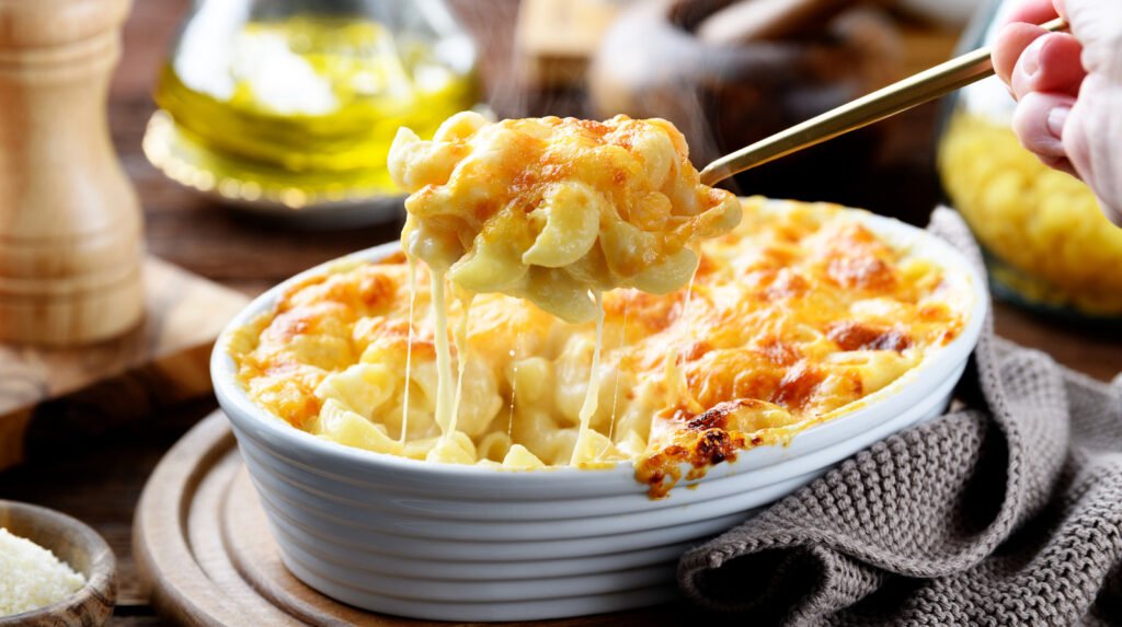 Baked macaroni and cheese with golden crust, a spoon lifting a portion with melted cheese stretching
