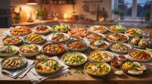 Overhead spread of kid-friendly dinner dishes including chicken nuggets, spaghetti, mac and cheese, pizza, salmon, tacos, and baked potatoes on a wooden table
