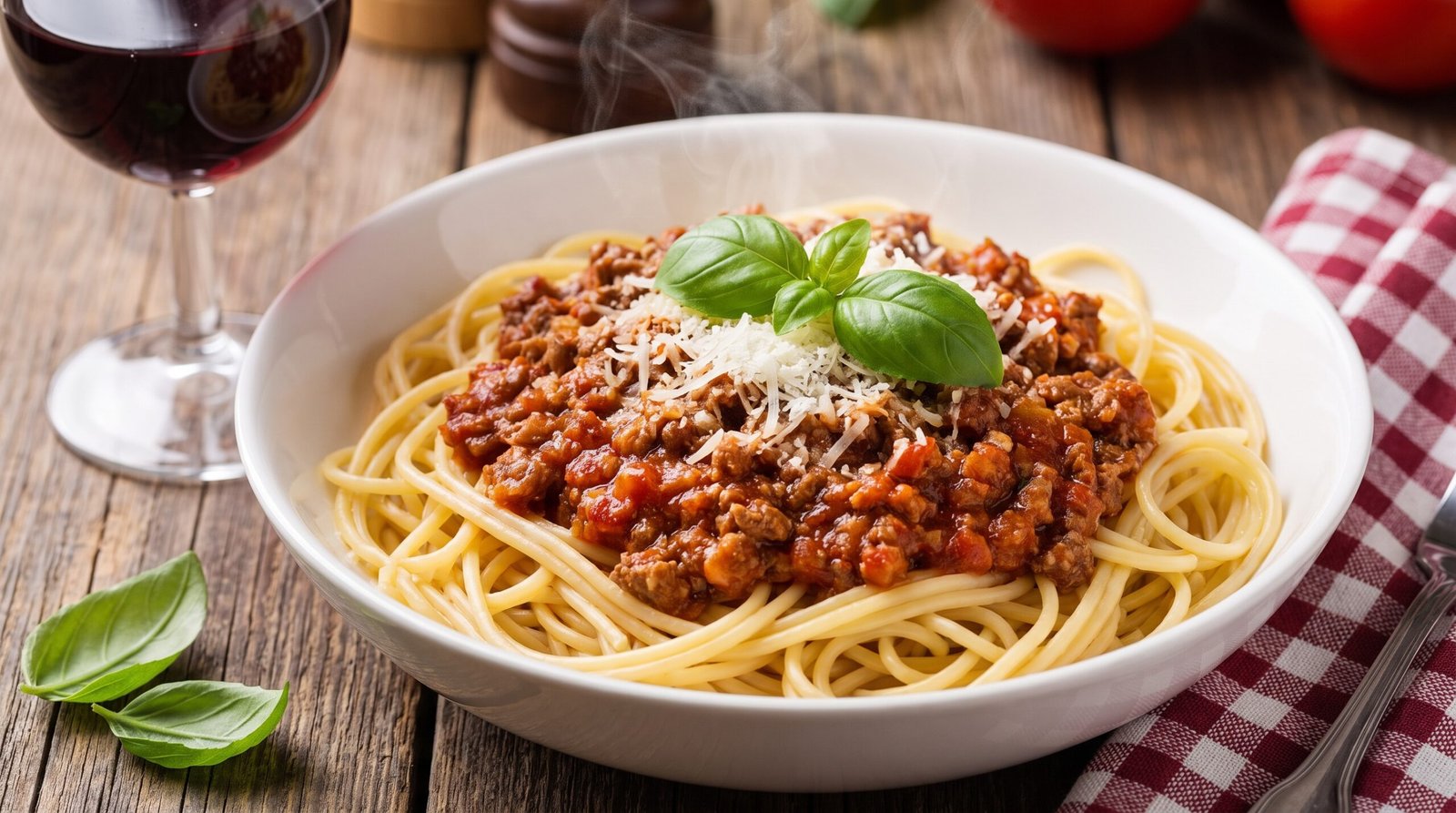 A bowl of spaghetti bolognese topped with grated parmesan and fresh basil, served with a glass of red wine on a rustic wooden table