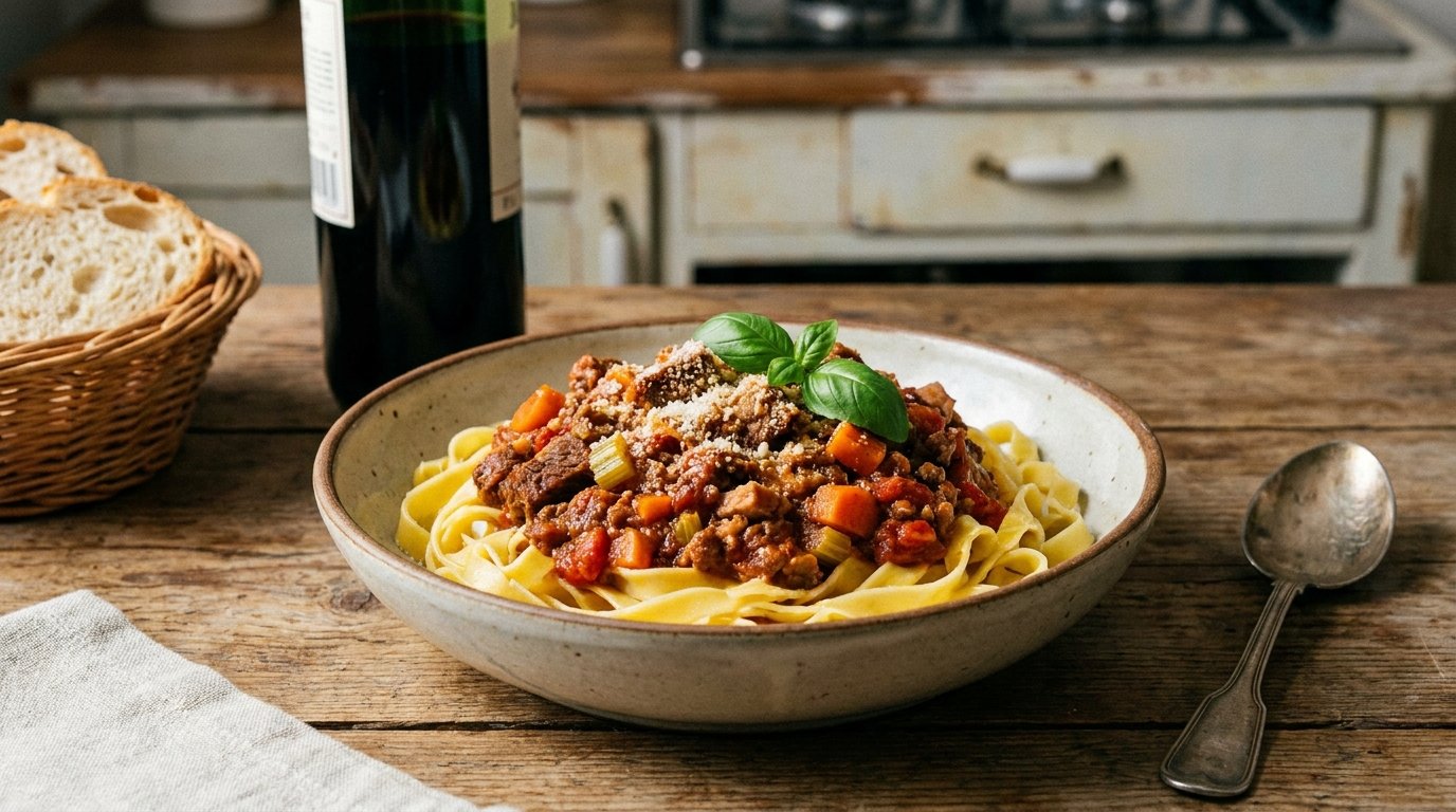 A bowl of tagliatelle with traditional chunky ragu alla bolognese, topped with parmesan and fresh basil, with bread and red wine on a rustic table