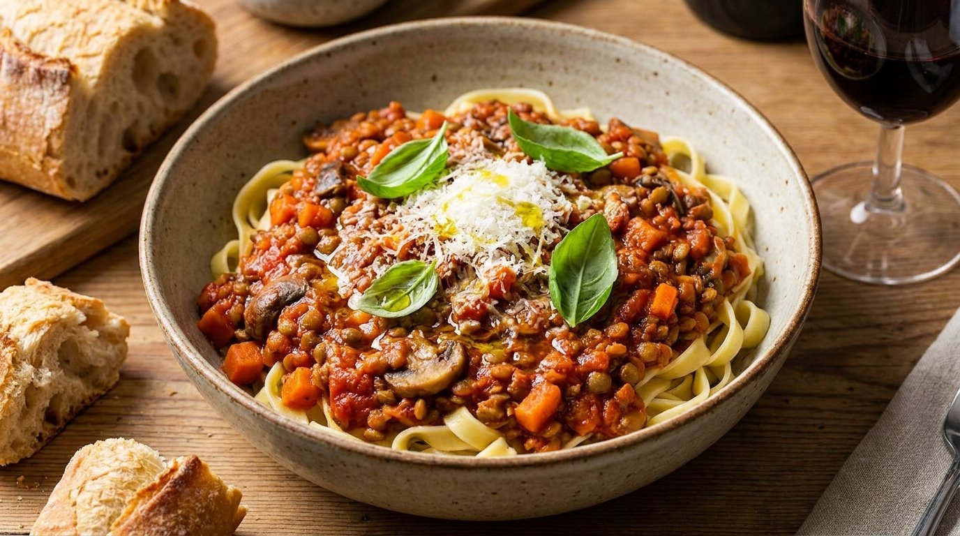 A bowl of tagliatelle with vegetarian bolognese made from lentils, mushrooms and carrots, topped with parmesan and fresh basil, with bread and red wine on a wooden table