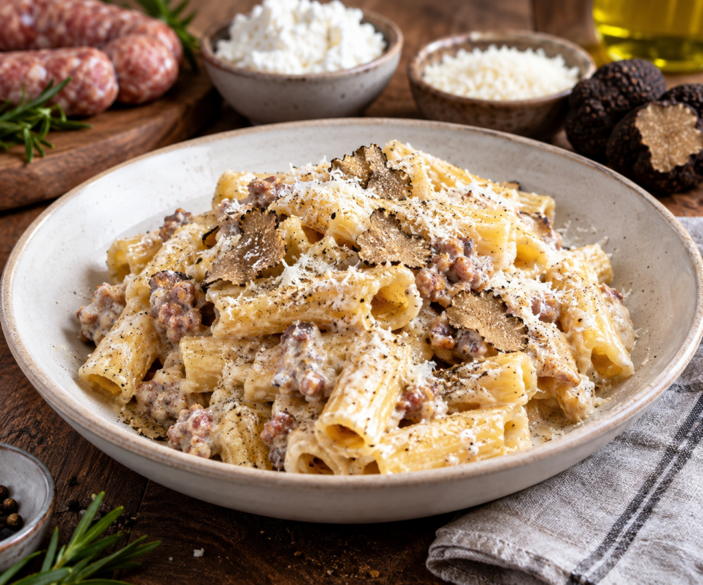 Pasta alla Norcina recipe: a bowl of rigatoni with creamy sausage sauce, shaved black truffle, and grated cheese, with Italian sausages, ricotta, Parmesan, and truffles in the background