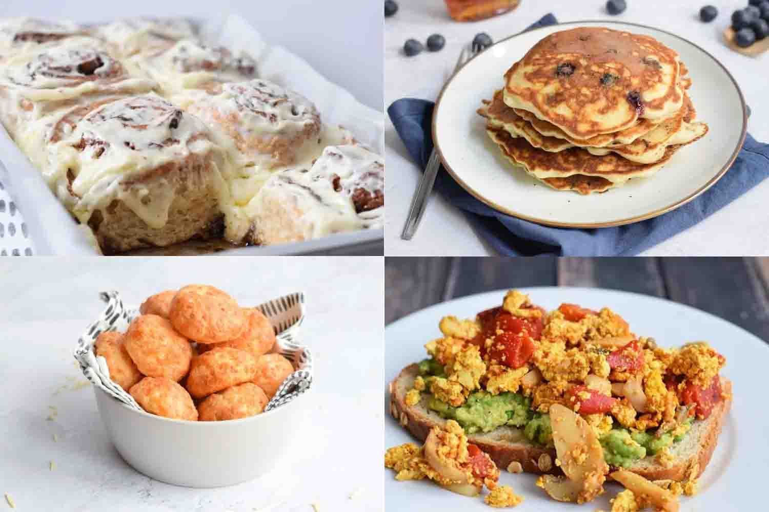 Collage of low FODMAP brunch recipes including cinnamon rolls, blueberry pancakes, cheese puffs and avocado toast