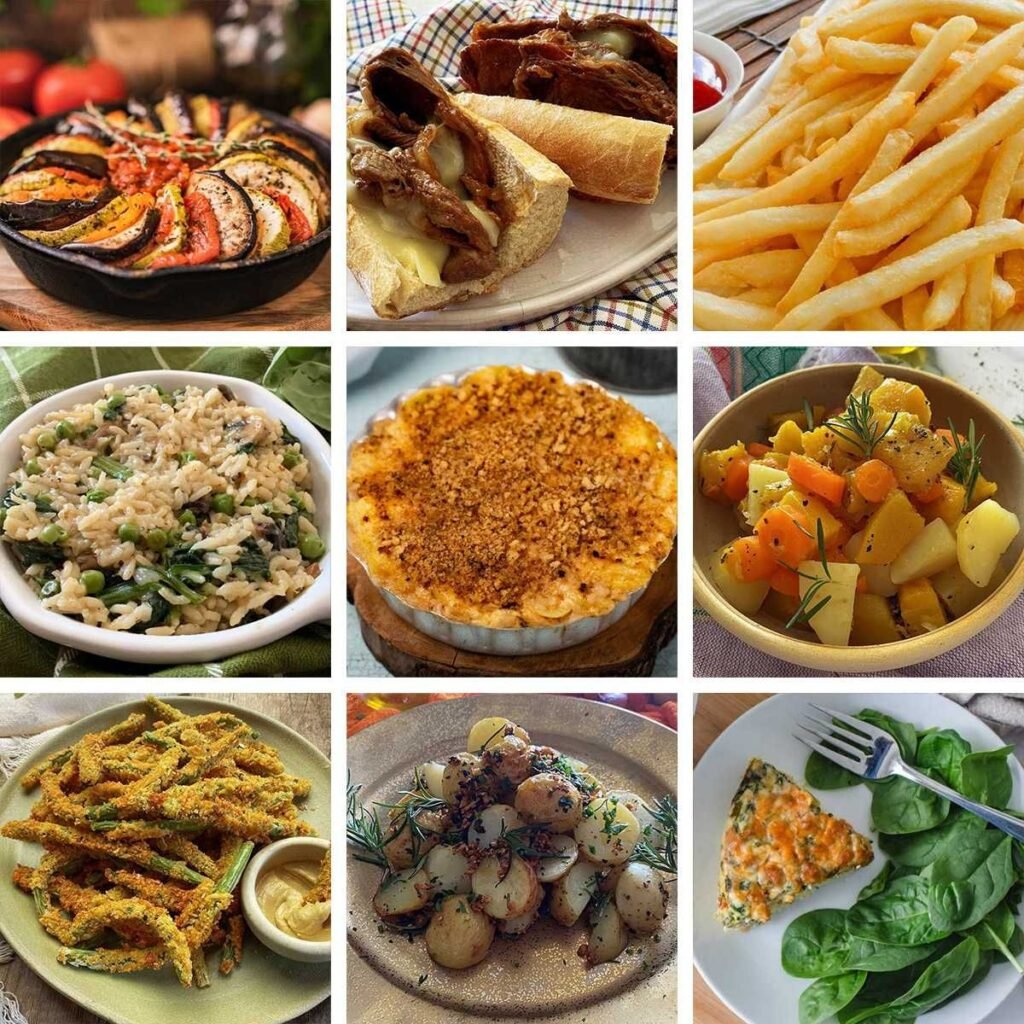 Collage of nine cozy dinner dishes including ratatouille, French dip sandwiches, fries, pea risotto, shepherd's pie, roasted root vegetables, fried green beans, and vegetable frittata.