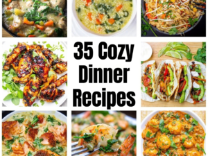 Photo collage of cozy dinner recipes with '35 Cozy Dinner Recipes' text in the center, featuring chicken soup, pad thai, grilled chicken wings, tacos, salmon pasta, and shrimp curry.