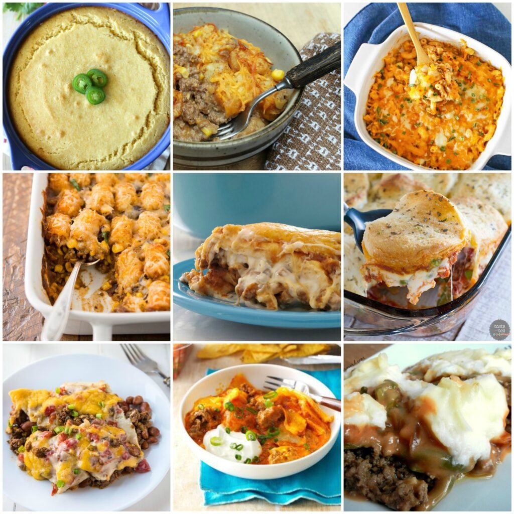 Collage of nine cozy casserole dishes including cornbread with jalapeños, cheesy beef casserole, buffalo chicken casserole, tater tot hotdish, French onion chicken bake, enchiladas, and hamburger steak with mashed potatoes.