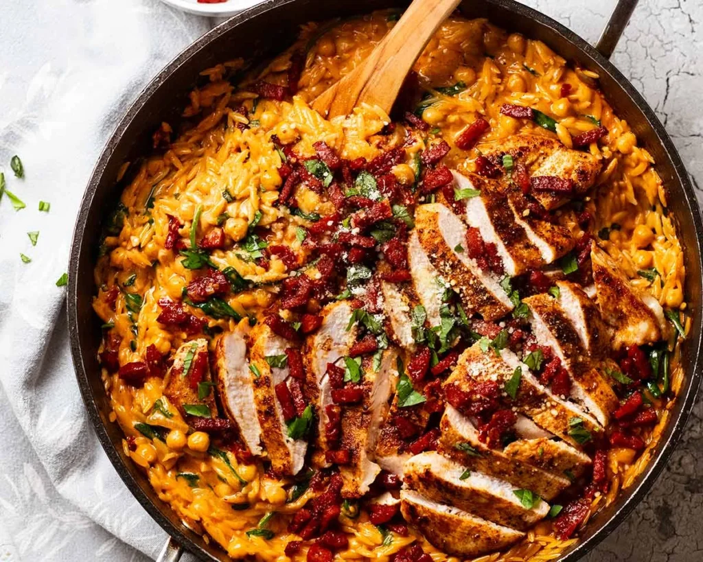 One-pan creamy risoni pasta with sliced chicken breast, sun-dried tomatoes, and spinach